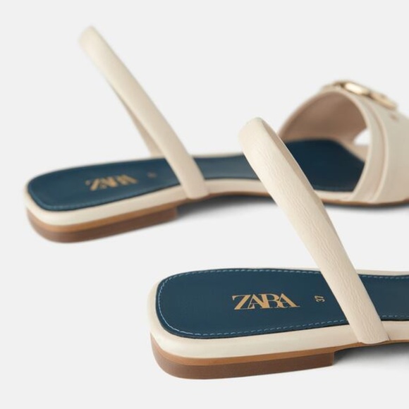 ZARA BLUE COLLECTION 100% LEATHER IVORY GOLD TONE BUCKLE SLIDES SANDALS - Picture 7 of 7